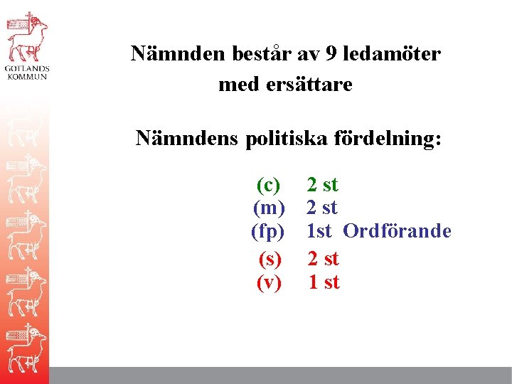 Nämnden består av 9 ledamöter med ersättare Nämndens politiska fördelning: (c) 2 st (m)