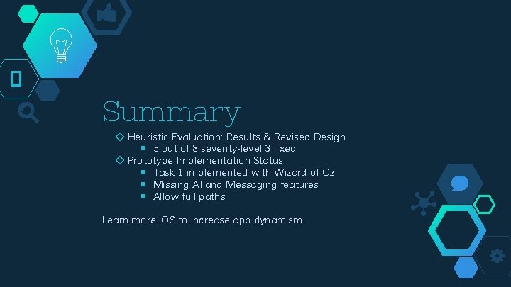 Summary ◇ Heuristic Evaluation: Results & Revised Design ￭ 5 out of 8 severity-level