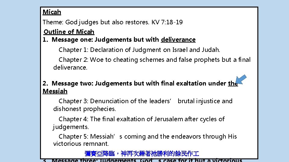 Micah Theme: God judges but also restores. KV 7: 18 -19 Outline of Micah