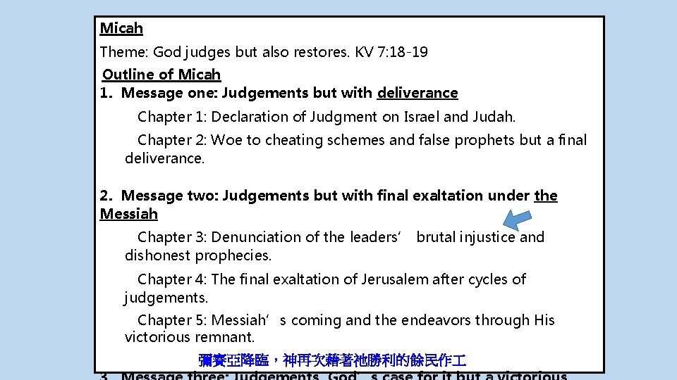 Micah Theme: God judges but also restores. KV 7: 18 -19 Outline of Micah