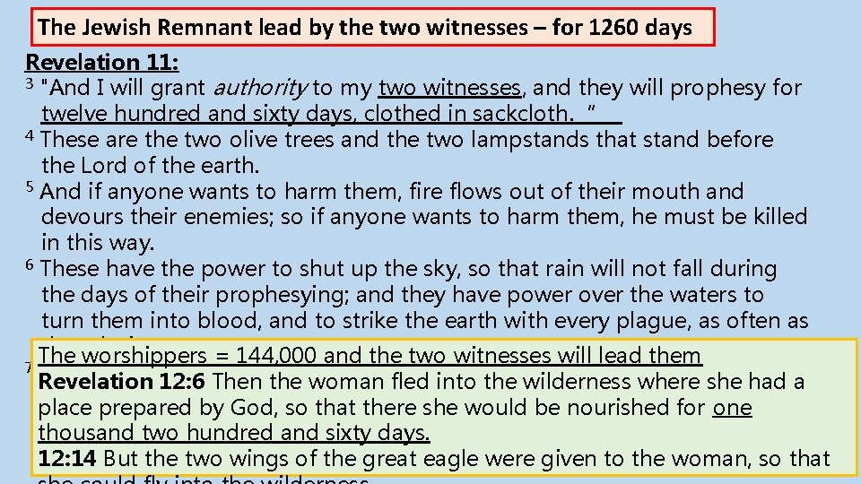 The Jewish Remnant lead by the two witnesses – for 1260 days Revelation 11: