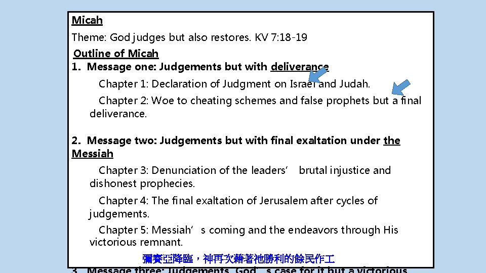 Micah Theme: God judges but also restores. KV 7: 18 -19 Outline of Micah