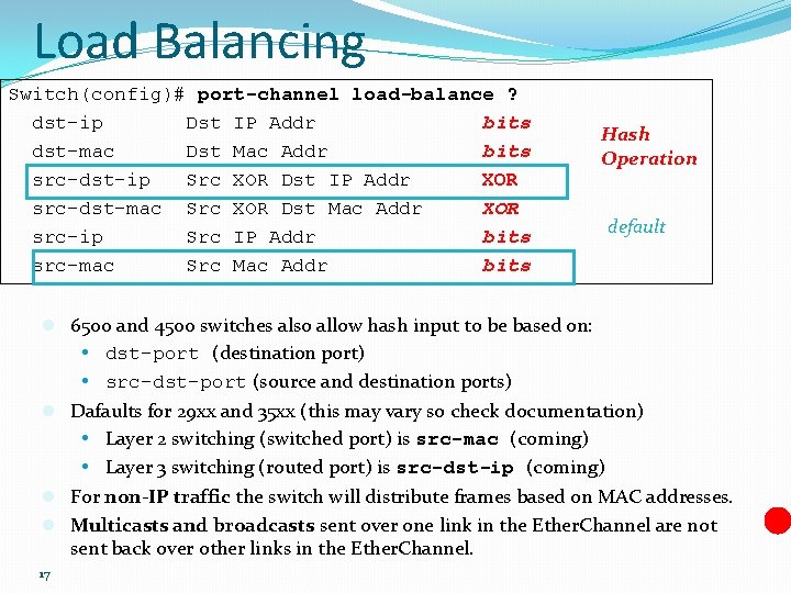 Load Balancing Switch(config)# port-channel load-balance ? dst-ip Dst IP Addr bits dst-mac Dst Mac