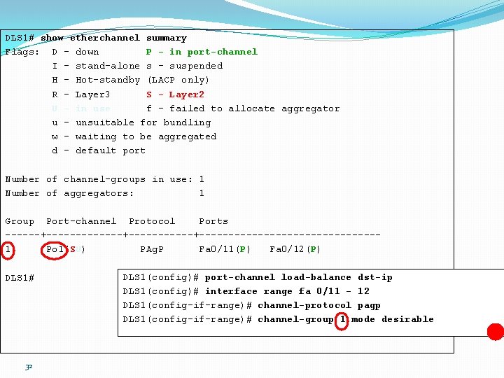 DLS 1# show etherchannel summary Flags: D - down P - in port-channel I