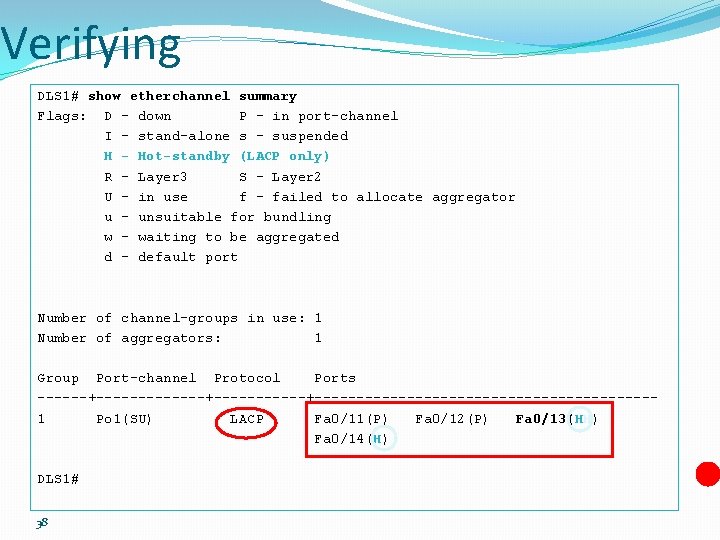 Verifying DLS 1# show etherchannel summary Flags: D - down P - in port-channel