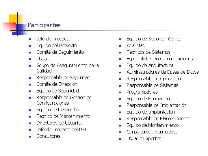 Participantes n n n n Jefe de Proyecto Equipo del Proyecto Comité de Seguimiento