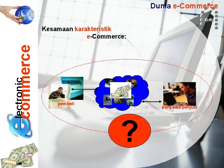 Dunia e-Commerce lectronic commerce Kesamaan karakteristik e-Commerce: pembeli penyedia/penjual ? 