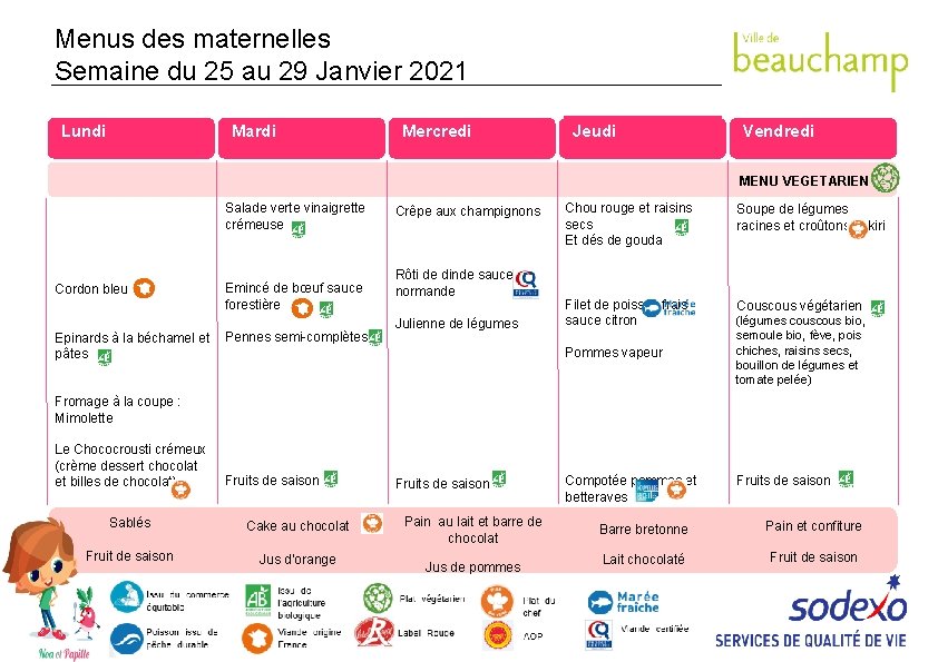 Menus des maternelles Semaine du 25 au 29 Janvier 2021 Lundi Mardi Mercredi Jeudi