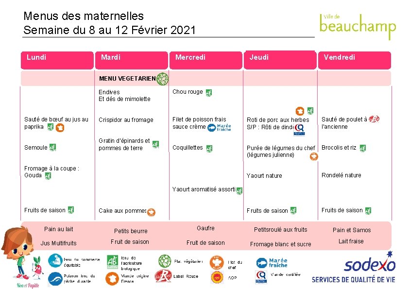 Menus des maternelles Semaine du 8 au 12 Février 2021 Lundi Mardi Mercredi Jeudi