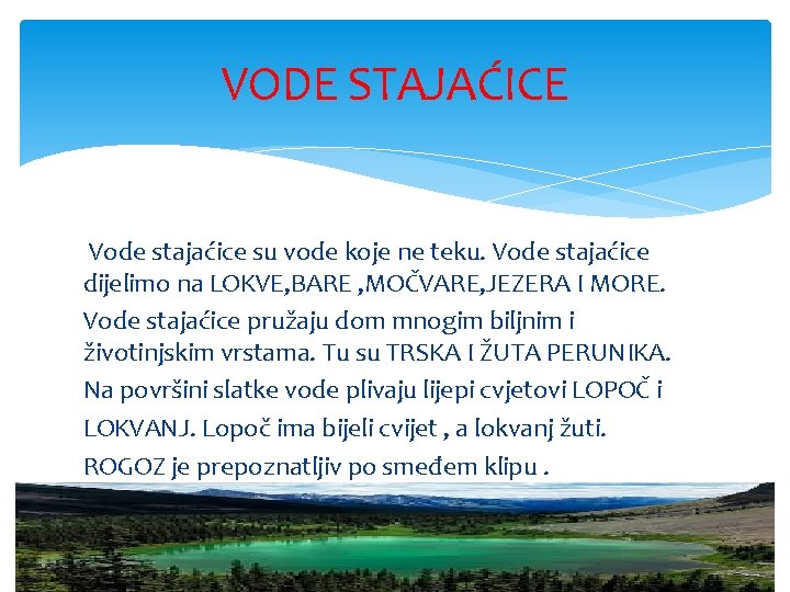 VODE STAJAĆICE Vode stajaćice su vode koje ne teku. Vode stajaćice dijelimo na LOKVE,