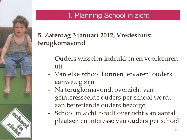 1. Planning School in zicht 5. Zaterdag 3 januari 2012, Vredeshuis: terugkomavond - Ouders