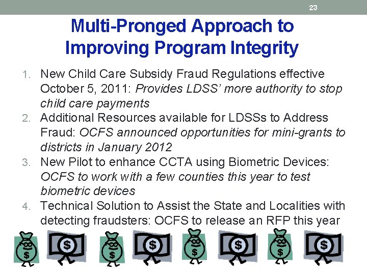 23 Multi-Pronged Approach to Improving Program Integrity 1. New Child Care Subsidy Fraud Regulations