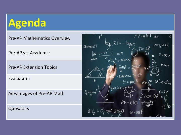 Agenda Pre-AP Mathematics Overview Pre-AP vs. Academic Pre-AP Extension Topics Evaluation Advantages of Pre-AP
