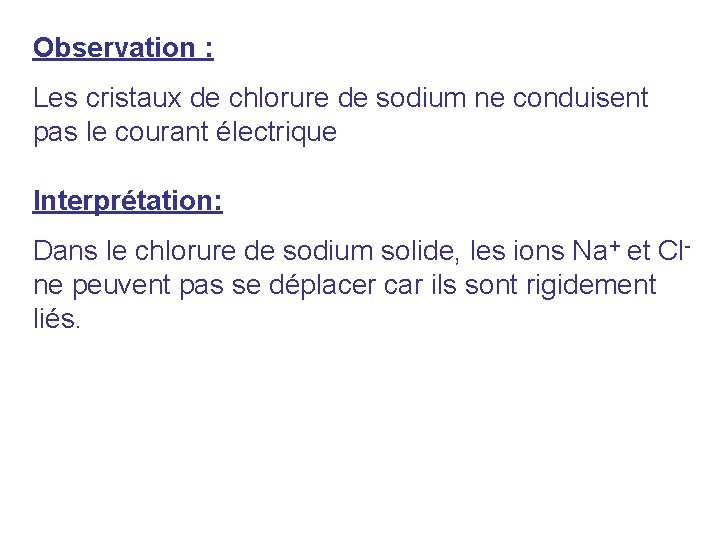 Observation : Les cristaux de chlorure de sodium ne conduisent pas le courant électrique