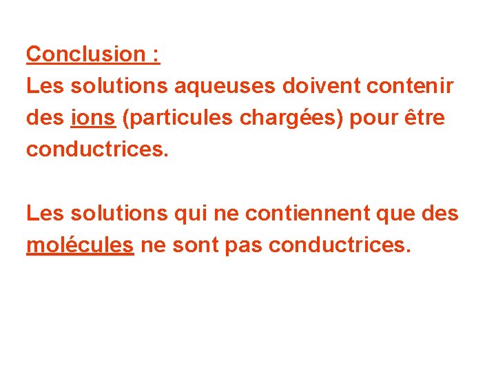 Conclusion : Les solutions aqueuses doivent contenir des ions (particules chargées) pour être conductrices.