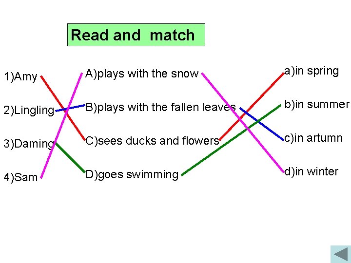 Read and match 1)Amy A)plays with the snow a)in spring 2)Lingling B)plays with the