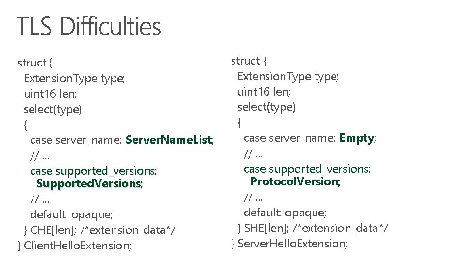 struct { Extension. Type type; uint 16 len; select(type) { case server_name: Server. Name.