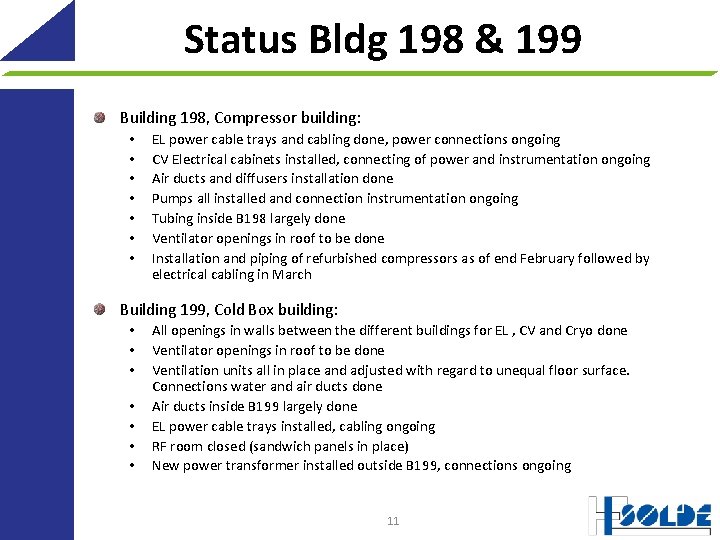 Status Bldg 198 & 199 Building 198, Compressor building: • • EL power cable