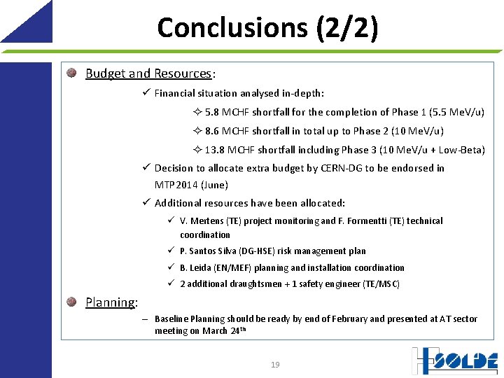 Conclusions (2/2) Budget and Resources: ü Financial situation analysed in-depth: ² 5. 8 MCHF