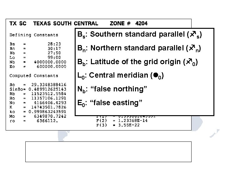 Bs: Southern standard parallel ( s) Bn: Northern standard parallel ( n) Bb: Latitude Bs: Southern standard parallel ( s) Bn: Northern standard parallel ( n) Bb: Latitude