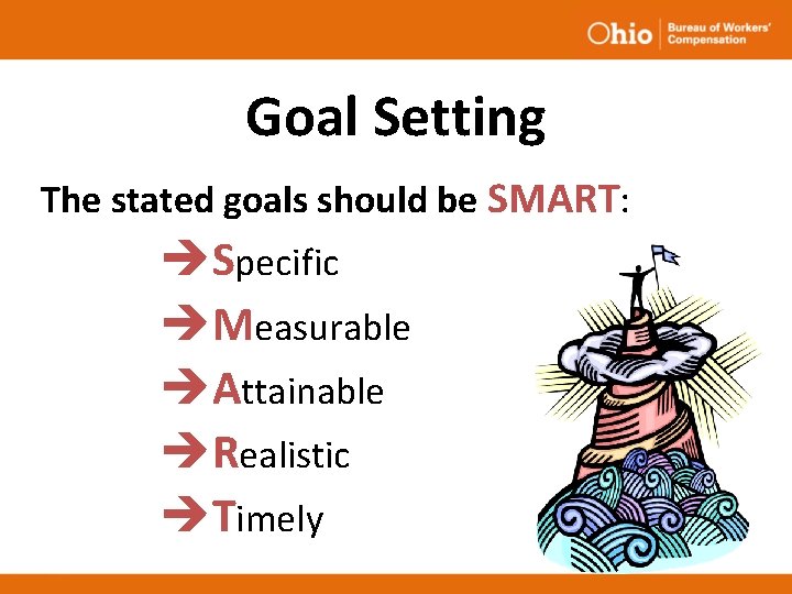 Goal Setting The stated goals should be SMART: èSpecific èMeasurable èAttainable èRealistic èTimely Goal Setting The stated goals should be SMART: èSpecific èMeasurable èAttainable èRealistic èTimely