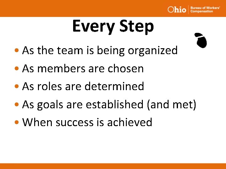 Every Step • As the team is being organized • As members are chosen Every Step • As the team is being organized • As members are chosen
