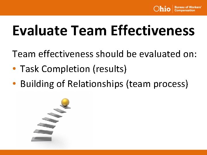 Evaluate Team Effectiveness Team effectiveness should be evaluated on: • Task Completion (results) • Evaluate Team Effectiveness Team effectiveness should be evaluated on: • Task Completion (results) •