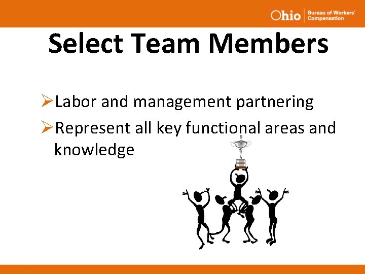 Select Team Members ØLabor and management partnering ØRepresent all key functional areas and knowledge Select Team Members ØLabor and management partnering ØRepresent all key functional areas and knowledge