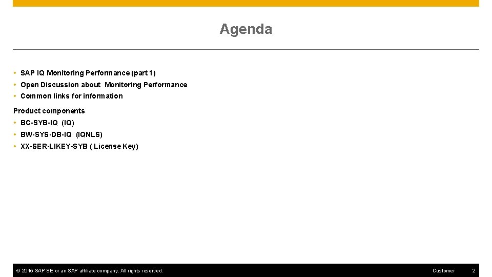 Agenda SAP IQ Monitoring Performance (part 1) Open Discussion about Monitoring Performance Common links