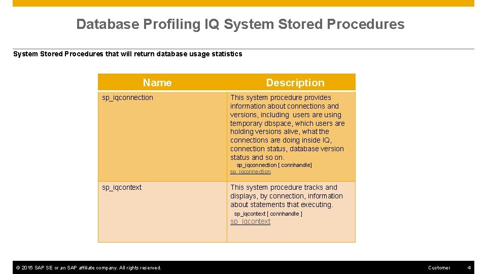 Database Profiling IQ System Stored Procedures that will return database usage statistics Name sp_iqconnection