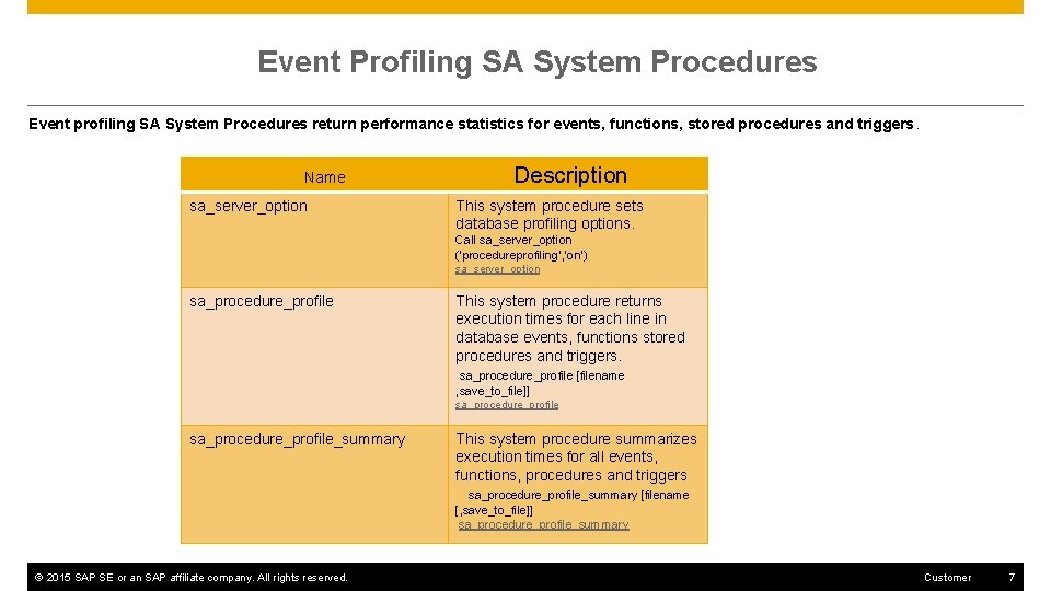 Event Profiling SA System Procedures Event profiling SA System Procedures return performance statistics for