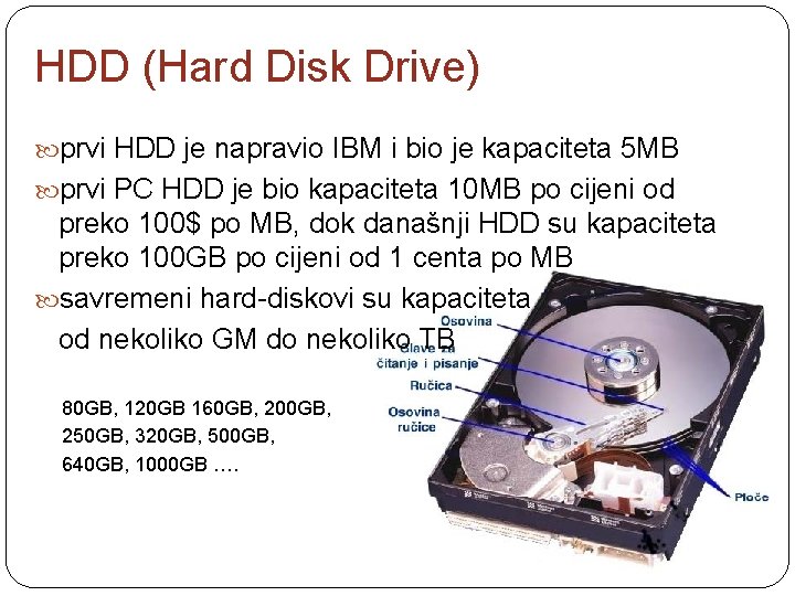 HDD (Hard Disk Drive) prvi HDD je napravio IBM i bio je kapaciteta 5