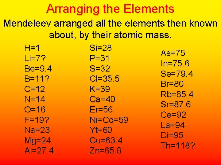 Arranging the Elements Mendeleev arranged all the elements then known about, by their atomic