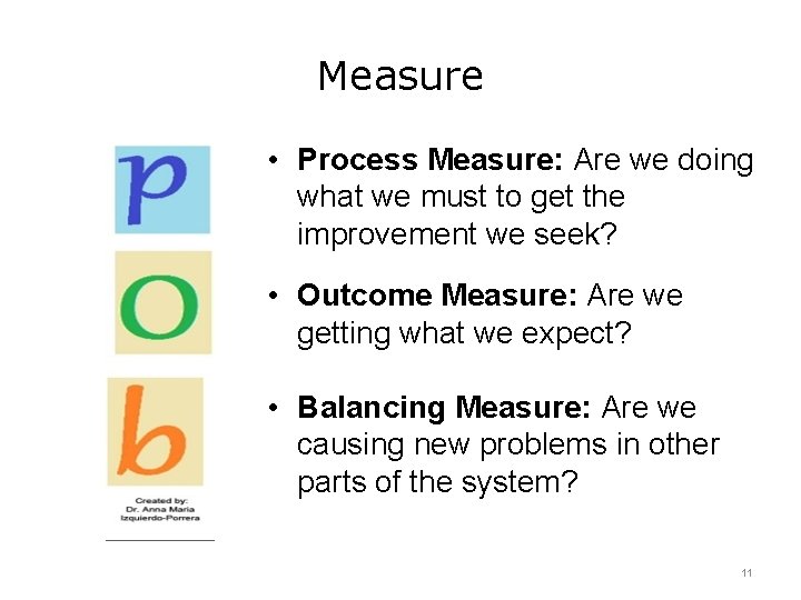 Measure • Process Measure: Are we doing what we must to get the improvement