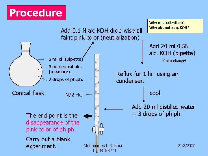 Procedure Add 0. 1 N alc KOH drop wise till faint pink color (neutralization)
