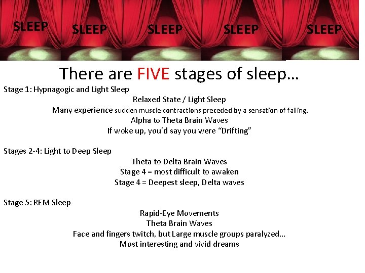 SLEEP SLEEP There are FIVE stages of sleep… Stage 1: Hypnagogic and Light Sleep