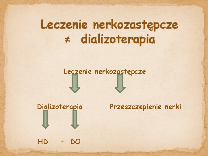 Leczenie nerkozastępcze ≠ dializoterapia Leczenie nerkozastępcze Dializoterapia HD + DO Przeszczepienie nerki 