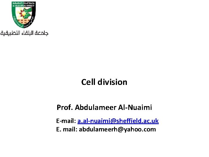 Cell division Prof. Abdulameer Al-Nuaimi E-mail: a. al-nuaimi@sheffield. ac. uk E. mail: abdulameerh@yahoo. com