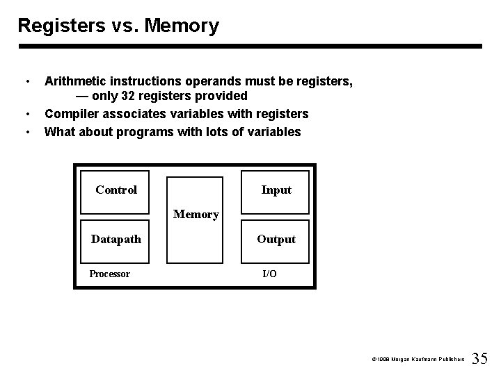 Registers vs. Memory • • • Arithmetic instructions operands must be registers, — only