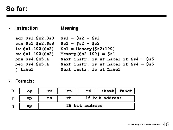 So far: • • Instruction Meaning add $s 1, $s 2, $s 3 sub