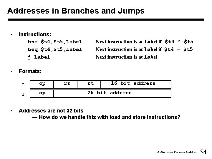 Addresses in Branches and Jumps • • • Instructions: bne $t 4, $t 5,