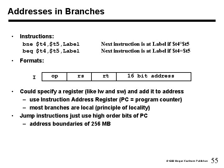 Addresses in Branches • • Instructions: bne $t 4, $t 5, Label beq $t