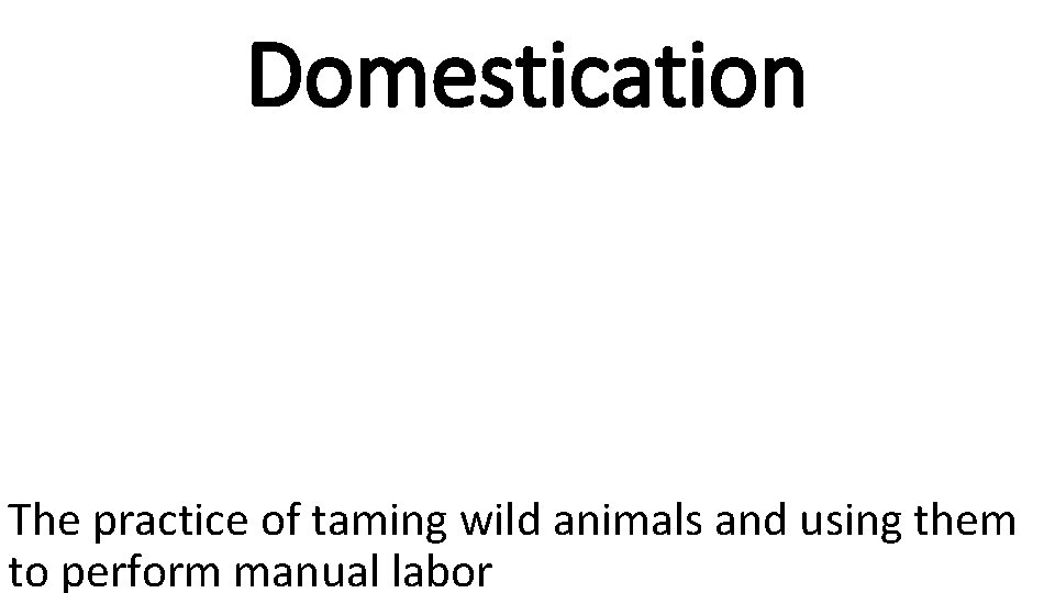 Domestication The practice of taming wild animals and using them to perform manual labor