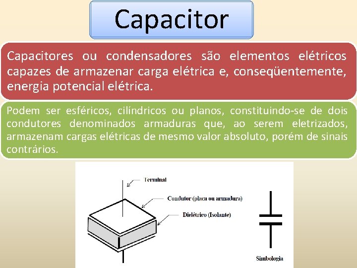Capacitores ou condensadores são elementos elétricos capazes de armazenar carga elétrica e, conseqüentemente, energia