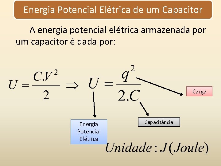 Energia Potencial Elétrica de um Capacitor A energia potencial elétrica armazenada por um capacitor