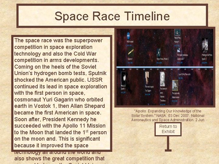Space Race Timeline The space race was the superpower competition in space exploration technology