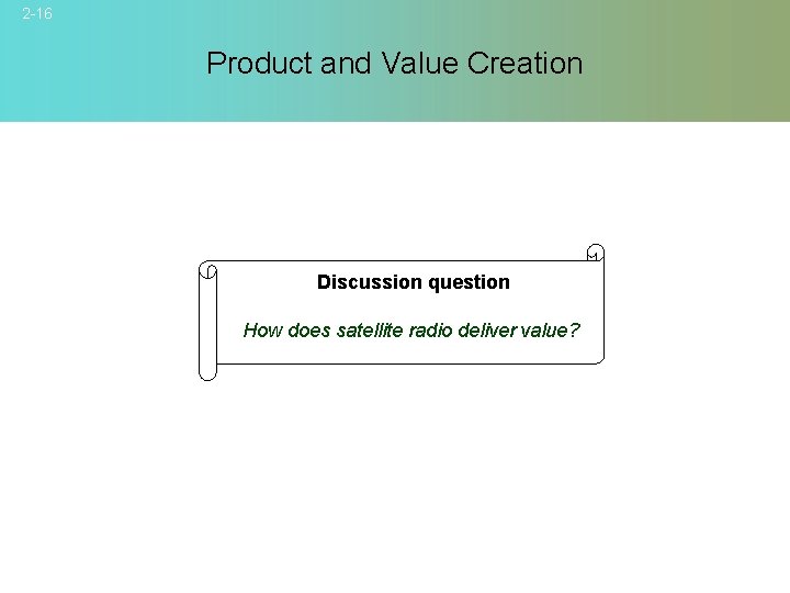 2 -16 Product and Value Creation Discussion question How does satellite radio deliver value?