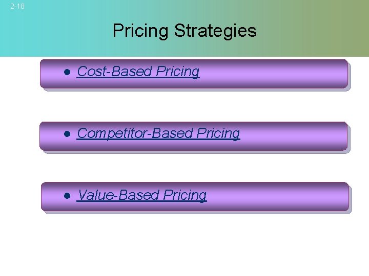 2 -18 Pricing Strategies l Cost-Based Pricing l Competitor-Based Pricing l Value-Based Pricing ©