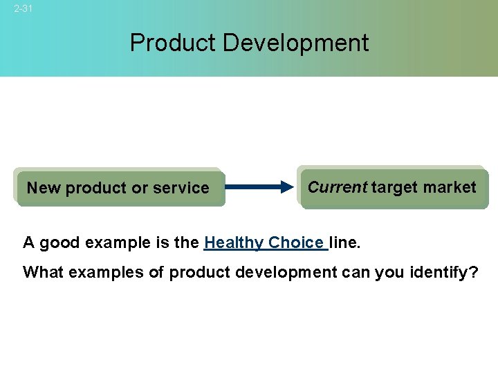 2 -31 Product Development New product or service Current target market A good example