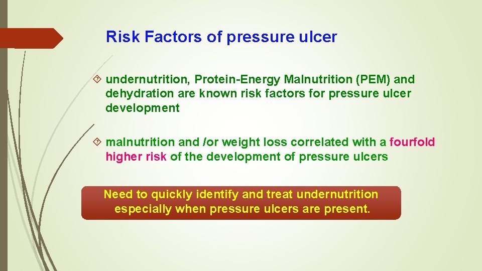 Risk Factors of pressure ulcer undernutrition, Protein-Energy Malnutrition (PEM) and dehydration are known risk